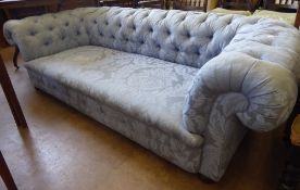 A Regency Button Back Sofa, raised on bun feet, upholstered in duck egg blue fabric, approx 210 x 95