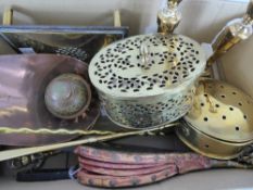 Miscellaneous Brass, including a pair of candle sticks, two toasting forks, chestnut roaster, pot