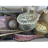 Miscellaneous Brass, including a pair of candle sticks, two toasting forks, chestnut roaster, pot