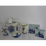 Miscellaneous Delft, including watering can, posy vase, jug, three tiles, trinket dish together with
