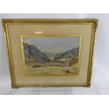 An Unsigned Water Colour Painting, depicting a village in the Alps, approx 35 x 25 cms io glazed and