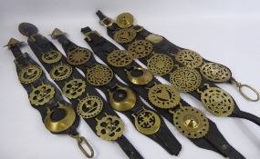 A Miscellaneous Collection of Seven Martindale Leathers, with horse brasses, approx 27 brasses in