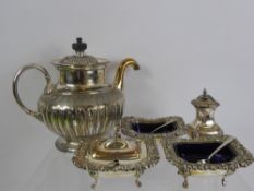 A Miscellaneous Collection of Silver Plate, including tea pot, cruet set, fish servers, two silver