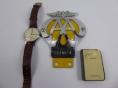 Miscellaneous Items, including a vintage Chrome AA Car badge, vintage gentleman's Accurist wrist