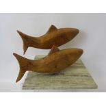 A Wood Carved Fish Sculpture, mounted on a green marble base, approx 30 x 30 x 23 cms