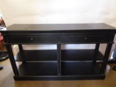 Two Ebonised Shop Display Counters, with two drawers and four shelves beneath, approx 160 x 43 x