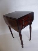 A Mahogany Drop-Leaf Table, two drawers on turned legs, approx 37 x 52 x 74 cms. (af)