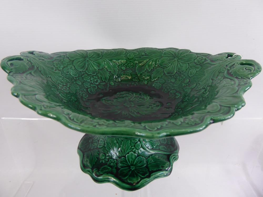 One Majolica Green Glazed Compote, raised on pedestal base, wild strawberry design, approx 14 x 30