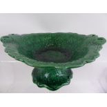 One Majolica Green Glazed Compote, raised on pedestal base, wild strawberry design, approx 14 x 30