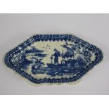 An Antique Worcester Blue and White Trinket Dish, in the `Fisherman and Cormorant` pattern, S mark
