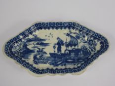 An Antique Worcester Blue and White Trinket Dish, in the `Fisherman and Cormorant` pattern, S mark