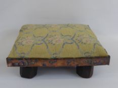 Antique Wood and Copper Framed Foot Stool, tapestry top together with another vintage footstool
