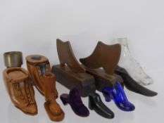 Miscellaneous Miniature Boots and Shoes, including two copper silhouette boots, treen snuff, boot