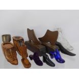 Miscellaneous Miniature Boots and Shoes, including two copper silhouette boots, treen snuff, boot