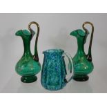 A Pair of Victorian Sea Green Water Decanters, with enamel decoration, together with a green/blue