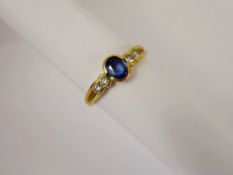 A Lady's 18 ct Yellow Gold Sapphire and Diamond Ring, sapp 6 x 4 mm, approx 24 pts of dias, size