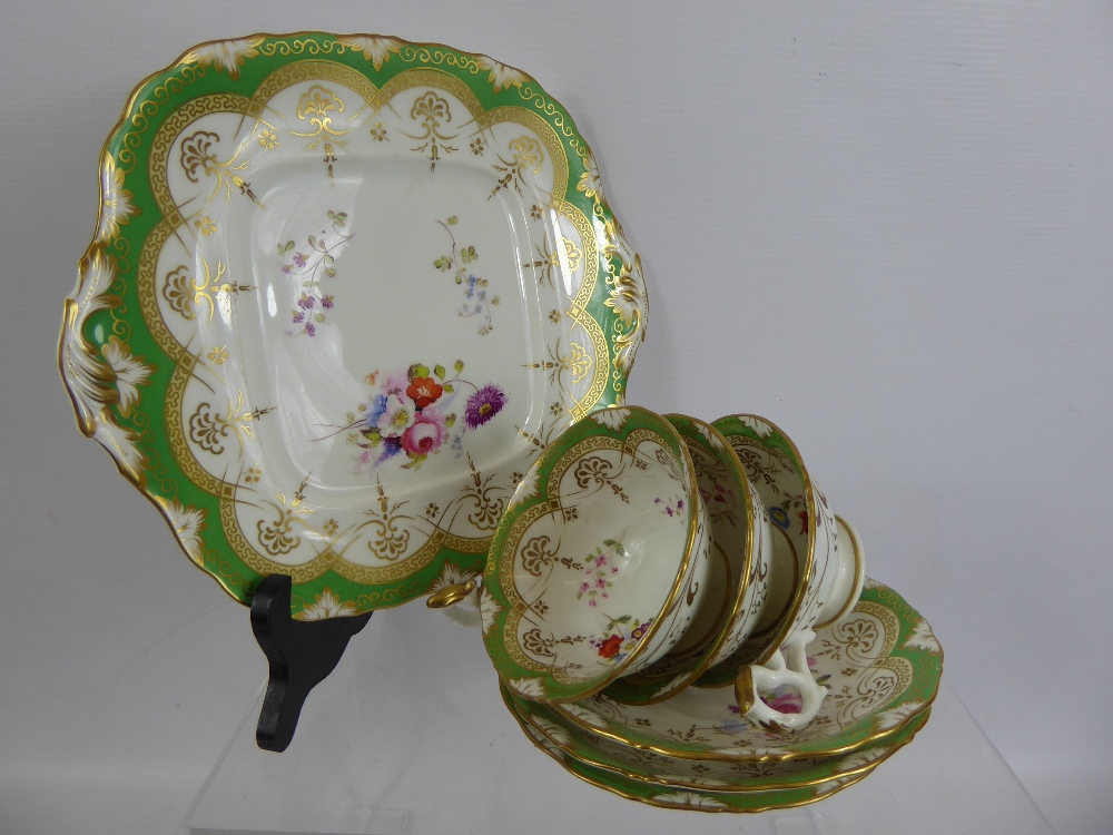 A Part English Porcelain Tea Set, green with hand-painted floral spray, comprising thirteen saucers,