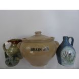 Miscellaneous Studio Pottery, including two stoneware jugs, earthen ware bowl, a pottery bird and