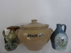Miscellaneous Studio Pottery, including two stoneware jugs, earthen ware bowl, a pottery bird and