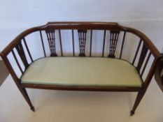 An Edwardian Mahogany Window Seat, box string inlay, blue upholstery, raised on tapered legs.