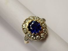A Lady's 18 ct Yellow Gold Antique Royal Blue Non Heat Treated Sapphire and Diamond Ring, the
