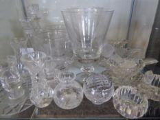 Miscellaneous Glassware, two scent bottles, cut glass sauce boats, miniature rose bowl, six sherry