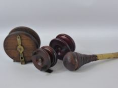 Miscellaneous Collection of Wooden Fly Reels, together with antique leather priest and part cane