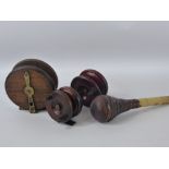 Miscellaneous Collection of Wooden Fly Reels, together with antique leather priest and part cane