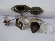 Six Coloured Stone Rings, including marcasite and jet, approx 40 gms