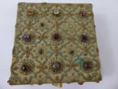 An Antique Woven Semi-Precious Cabachon Stone Jewellery Box, worked with gold coloured thread and