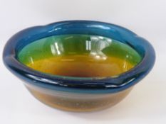 A Sea Green and Amber Coloured Murano Style Glass Bowl, with bubble inclusions, approx 24.5 cms