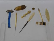 Miscellaneous Antique Sewing Items, including ivory bobbin, crochet hook, cotton reel and silver