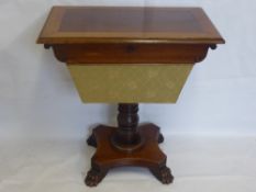 An Antique Rosewood and Mahogany Sewing Box, on claw feet with turned central pedestal, approx 73