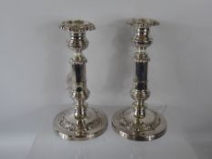 A Pair of Antique Silver Plate Telescopic Candle Sticks, together with a hanging cauldron on