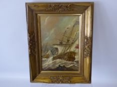 Oil on Board, believed to be 'The Resolution in a Gale', monogrammed lower left WT, approx 17 x 25