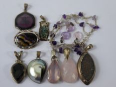Miscellaneous Silver and Coloured Stone Pendants, including Rose Quartz, Abalone, Blue John brooch