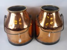 Two Unlidded Copper Milk Cans with Handles, approx 40 cms