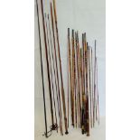 Collection of Vintage Split-Cane Bamboo Fly Rods, including a mahogany salmon pole and several loose