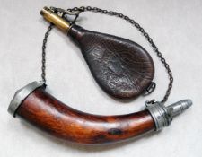 Antique Powder Horn and Leather Shot Flask, the powder horn marked for infantry 1810.