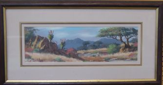 W.P. Grobler, South African Landscape, depicting red aloes approx 43 x 13 cms, glazed and framed.