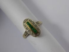 A Lady's Art Deco Style 9ct Yellow Gold Diamond and Emerald Ring, size Q, approx 12-14 pts of
