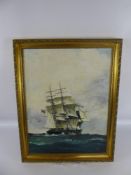 Lawrence Dennison, Oil on Board, depicting a ship in full sail, approx 39 x 50 cms, mahogany