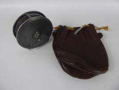 A Vintage Aluminium Hardy Bros Light Weight Trout Reel, in the original leather pouch.