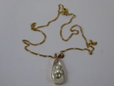 A Lady's 18 ct Yellow Gold Pearl and Diamond Pendant, suspended on a 14 ct gold curb link fancy
