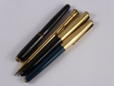 Two Vintage Gold-Plated Parker Ink Pens, together with one other and an Eversharpe propelling