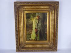 A Reproduction Oil Painting, depicting a young girl leaning against a tree, approx 28 x 39 cms, in