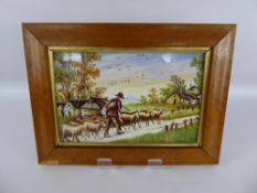 F. LaCava Majolica Hand-Painted Tile, the tile depicting a shepherd with sheep, approx 27 x 17