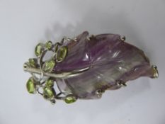 A Lady's Silver Amethyst Pendant, in the form of a leaf, approx 15 gms, approx 55 mm.