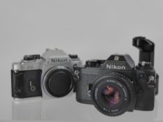 Nikon Cameras, incl FG A/F Md-12 (untested), Nikon EM 50/1.8 'B', M90 only, erratic meter, (lens