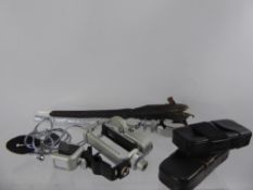 Minox Camera Accessories, including mirror finder, chain, binocular adapter, tripod, flash gun and